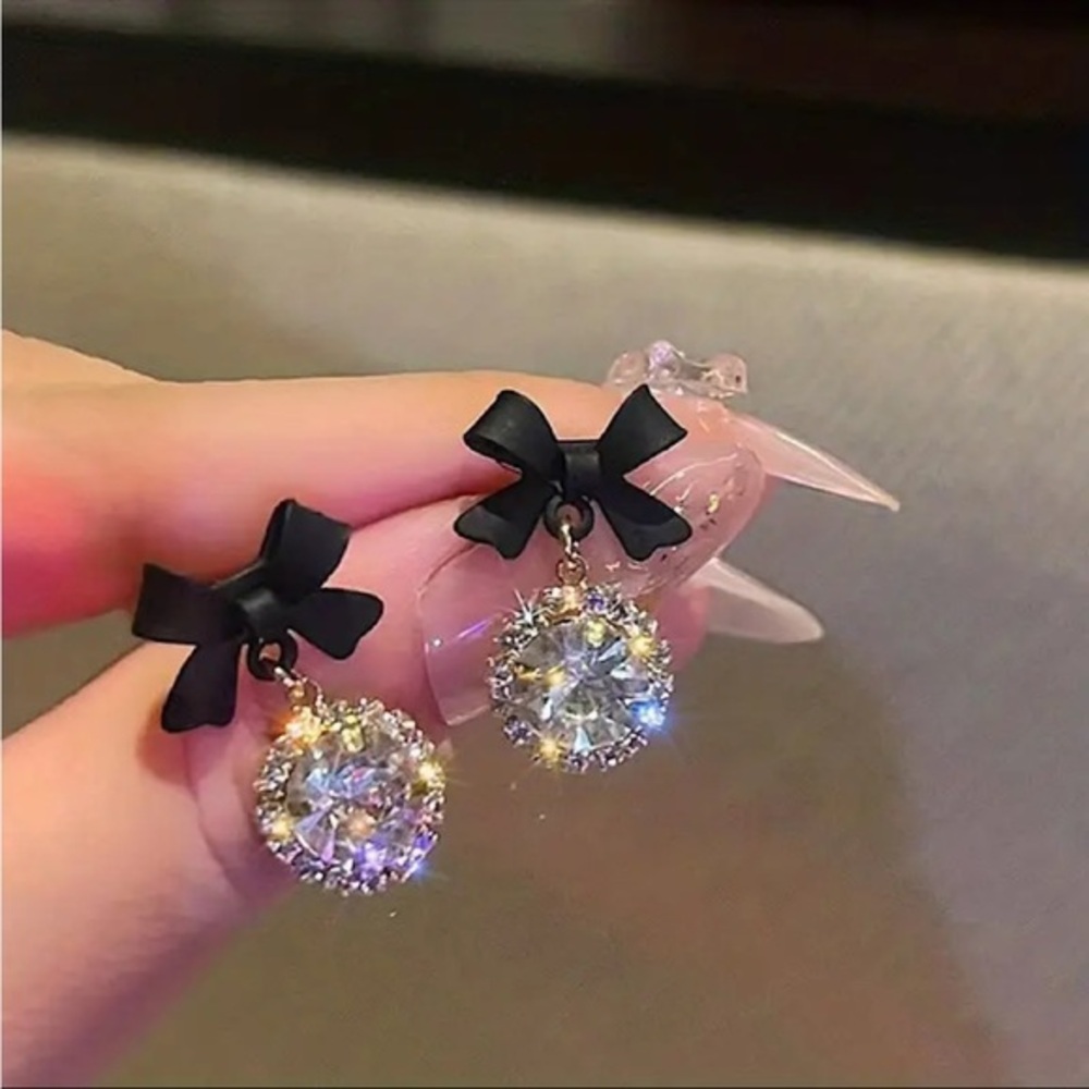 Black Bow Crystal Drop Earrings Sparkly Statement Studs NWT
